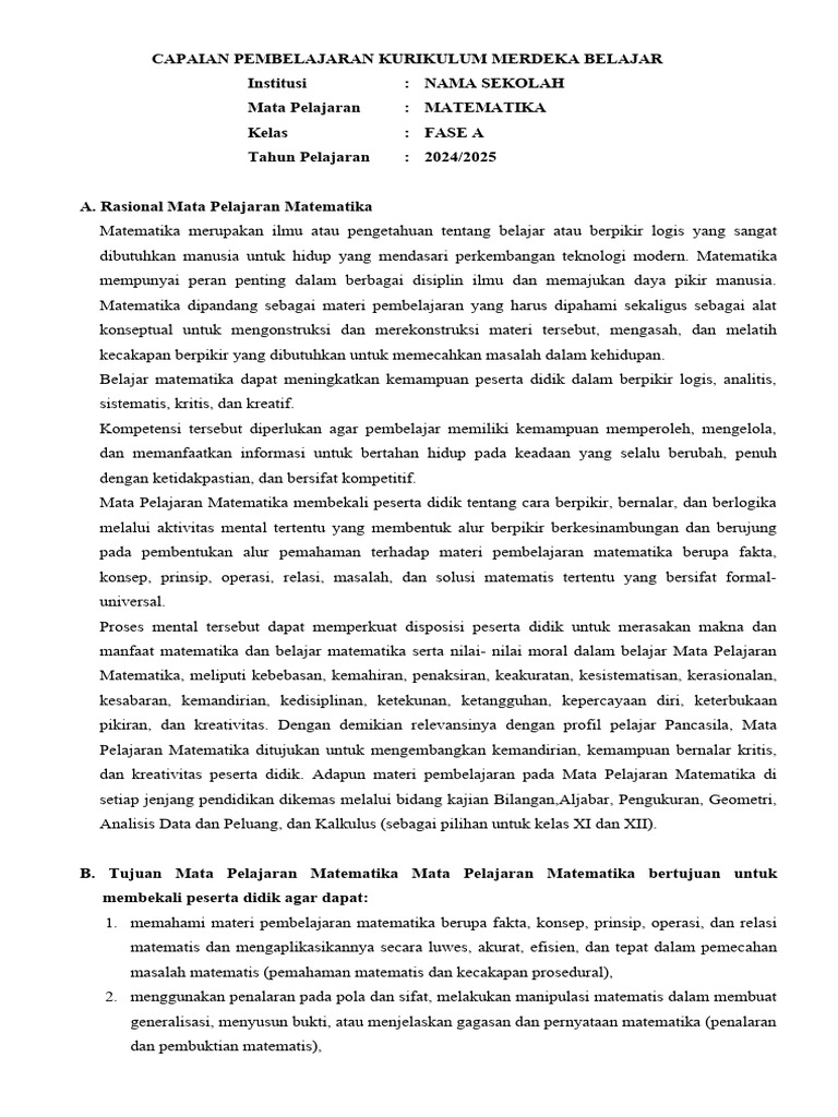 Capaian Pembelajaran Matematika Fase A | PDF | Metode & Bahan Ajar ...