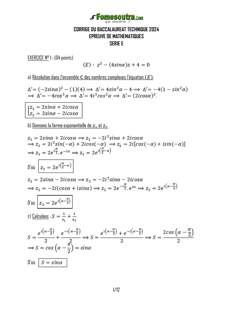 Corrigé Maths Bac Technique 2024 | PDF | Asymptote | Géométrie euclidienne