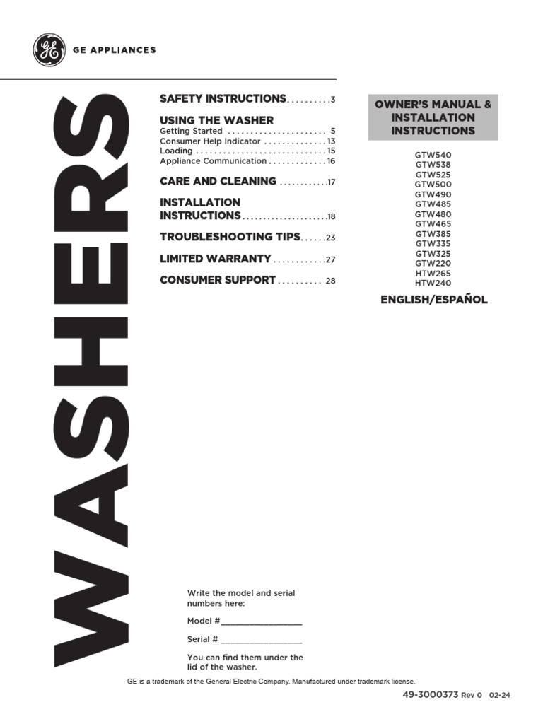 GE Washer Owner's Manual & Safety Guide | PDF | Washing Machine