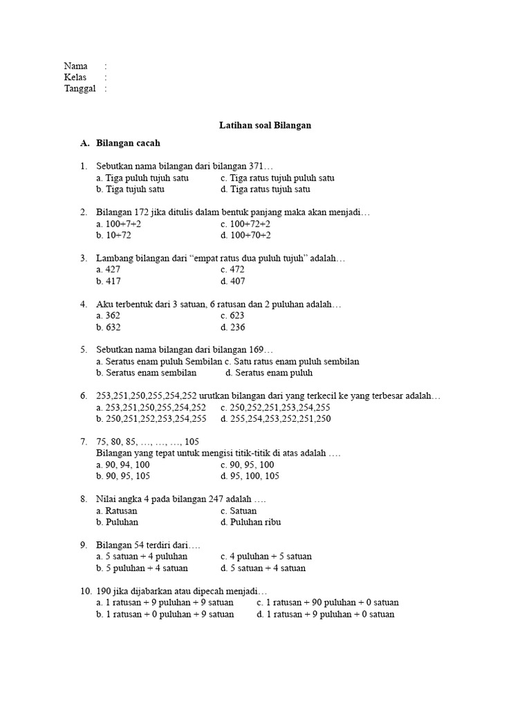 Latihan Soal Kelas 2 Sd Bilangan Pdf