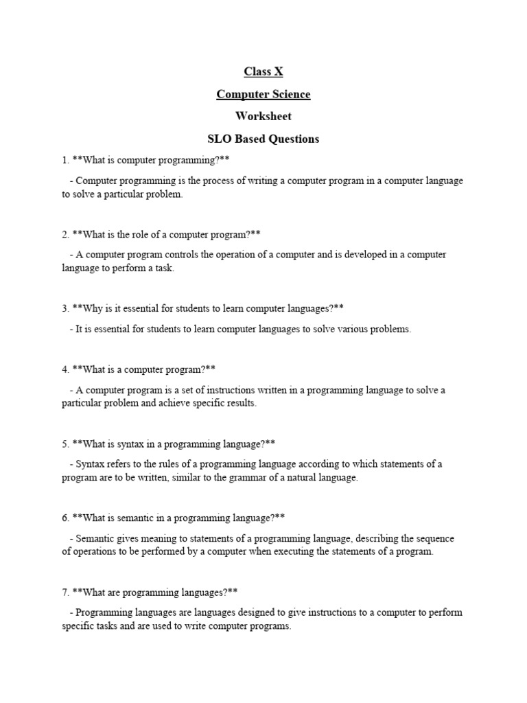 Class X Computer Science Worksheet | PDF | Computer Programming ...