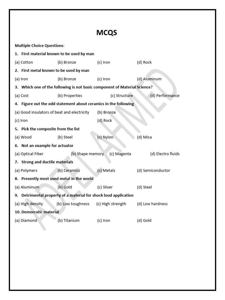 Material Science MCQs for Students | PDF | Technology & Engineering ...