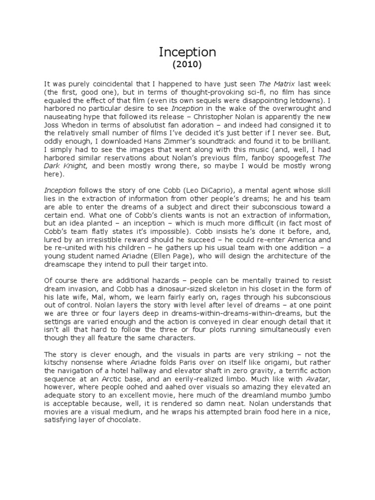 Inception Movie Review PDF Leisure