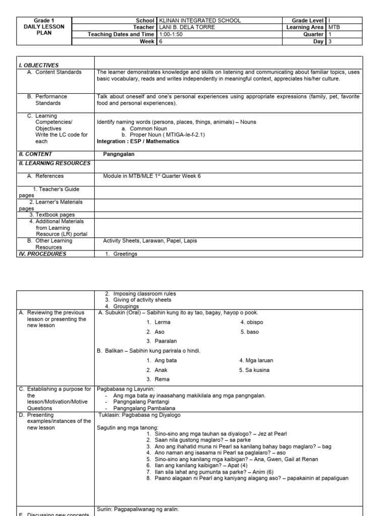 Grade 1 MTB Daily Lesson Plan | PDF | Learning | Cognitive Psychology