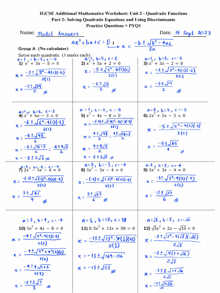 Model Ans - IGCSE Add Maths Worksheet - Unit 2 - Quadratic Functions ...