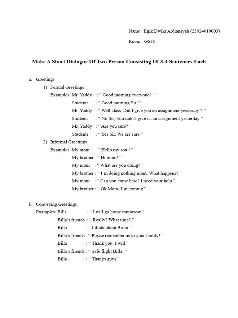 Short Dialogue Examples for Greetings | PDF