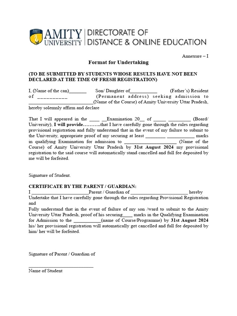 Amity University Provisional Registration Form | PDF