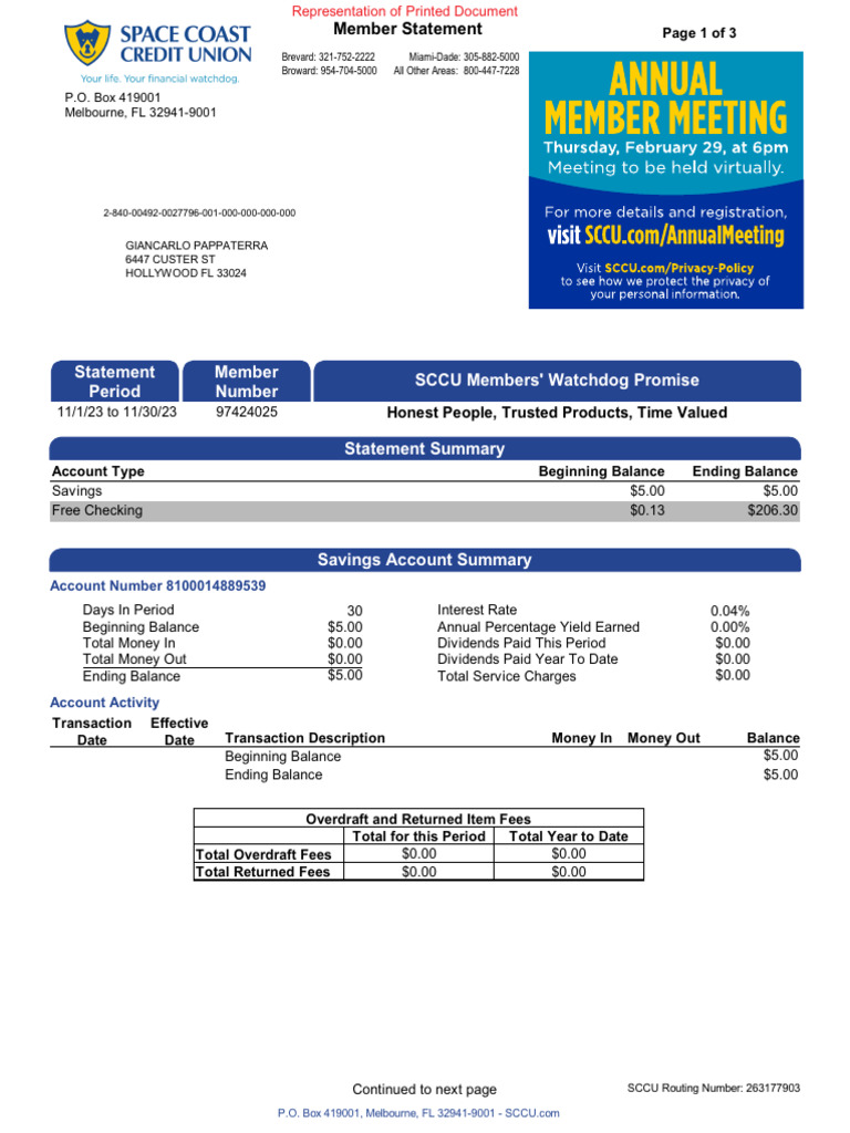 SCCU Member Statement Summary | PDF | Transaction Account | Fee