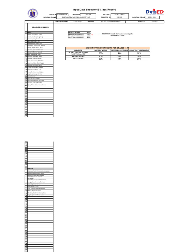 Grade 7 Science Class Record | PDF