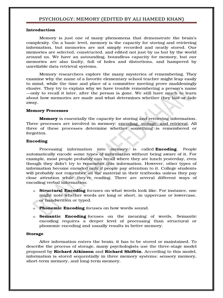 Memory Pdf Memory Recall Memory