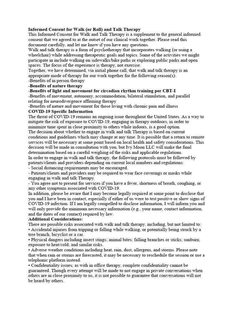 Informed Consent for Walk Therapy | PDF | Psychotherapy | Informed Consent