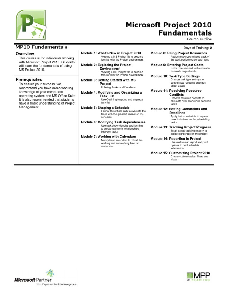 Microsoft Project 2010 Fundamentals Course | PDF | Career & Growth