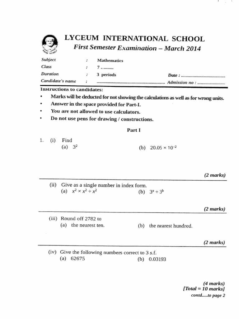 Lyceum Maths Past Paper 2014 | PDF