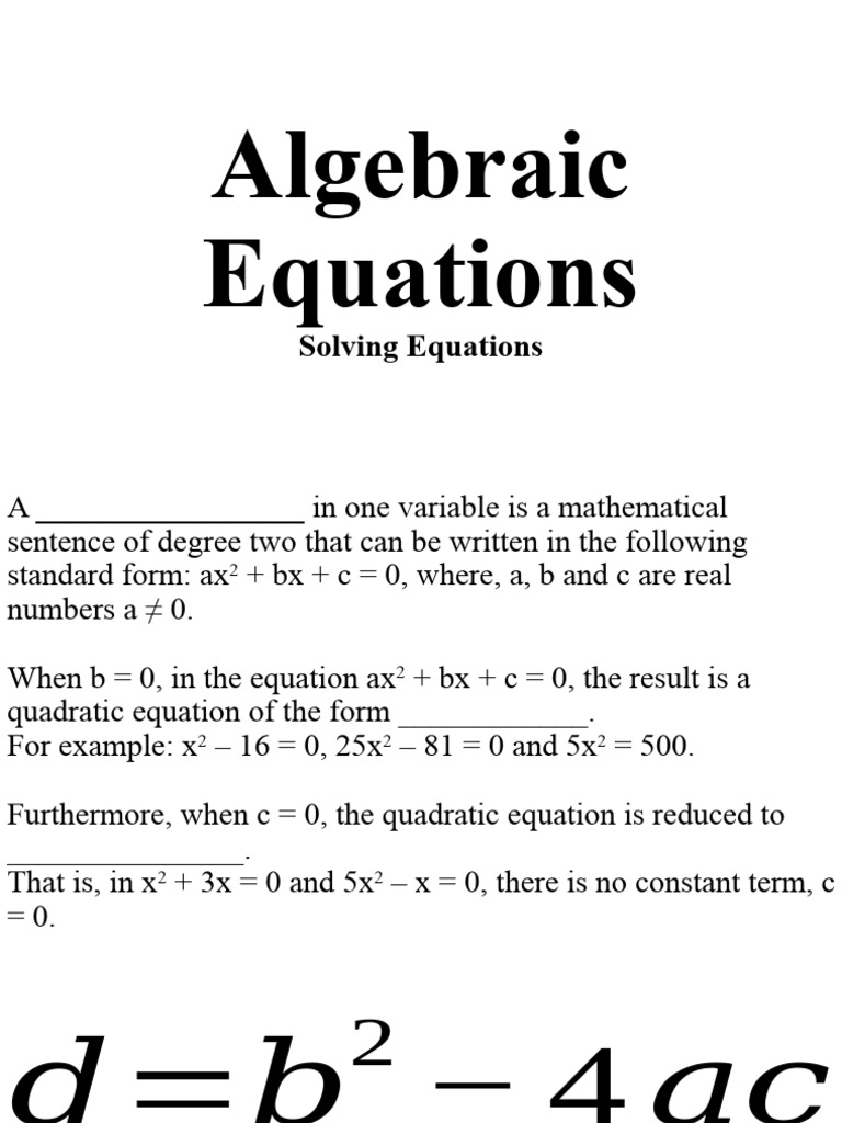 11 - Algebraic Equations - Solving | PDF | Equations | Quadratic Equation