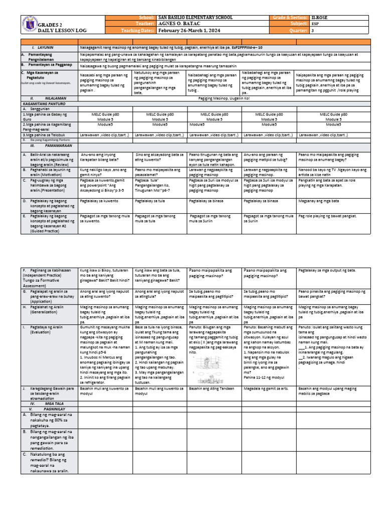 Grade 2 DLL All SUBJECTS Q3 WEEK 5 | PDF