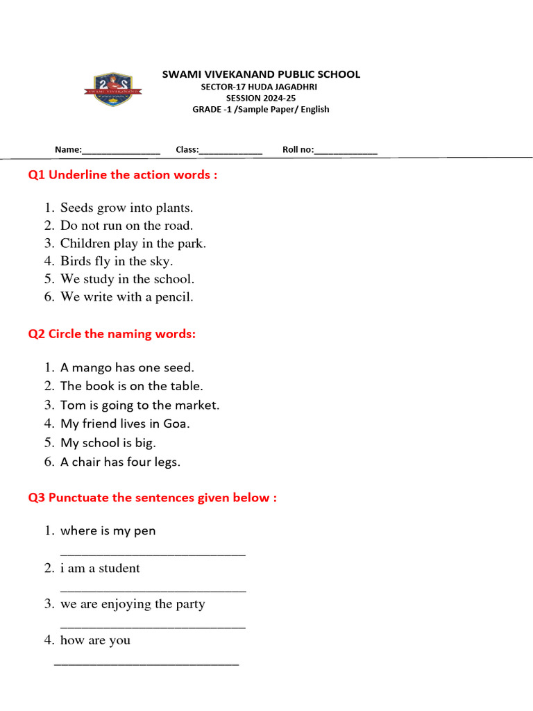 Grade 1 English Sample Question Paper | PDF | Career & Growth