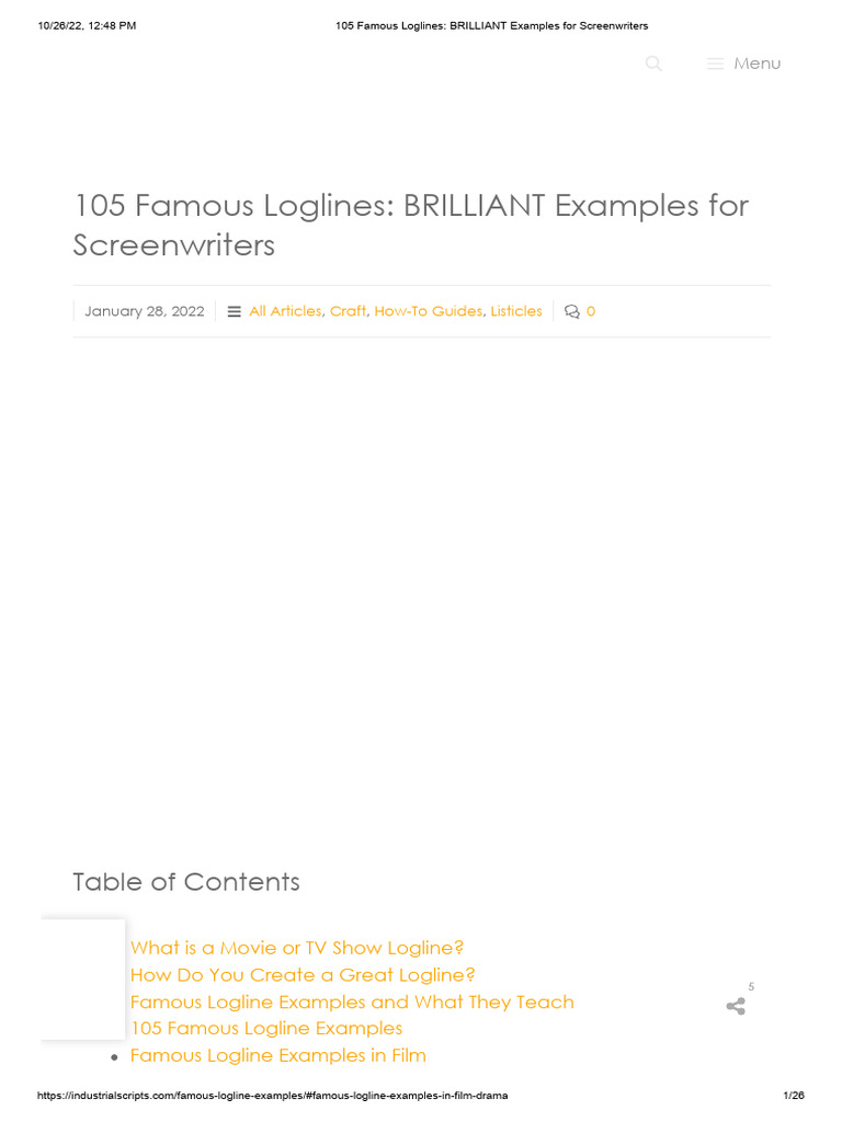 105 Famous Logline Examples for Writers | PDF | Screenplay | Screenwriting