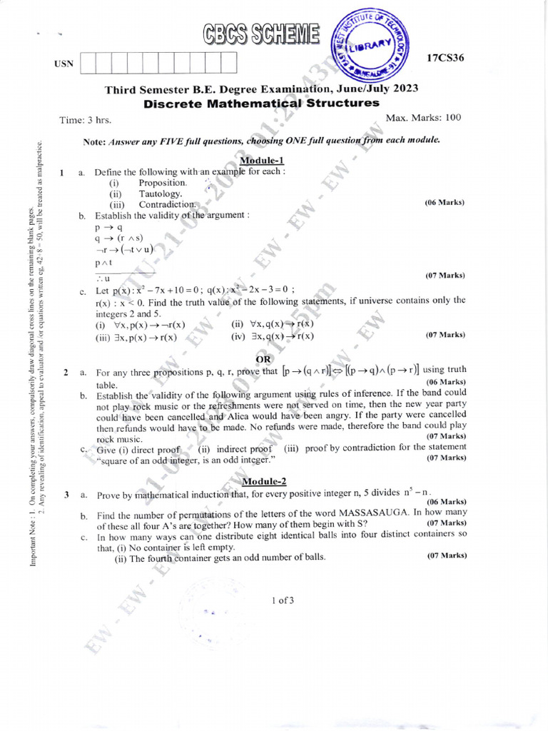 17CS36 - Discrete Mathematical Structures - June.July 2023 | PDF ...