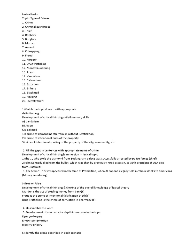 Types of Crimes: Lexical Tasks | PDF | Cybercrime | Theft