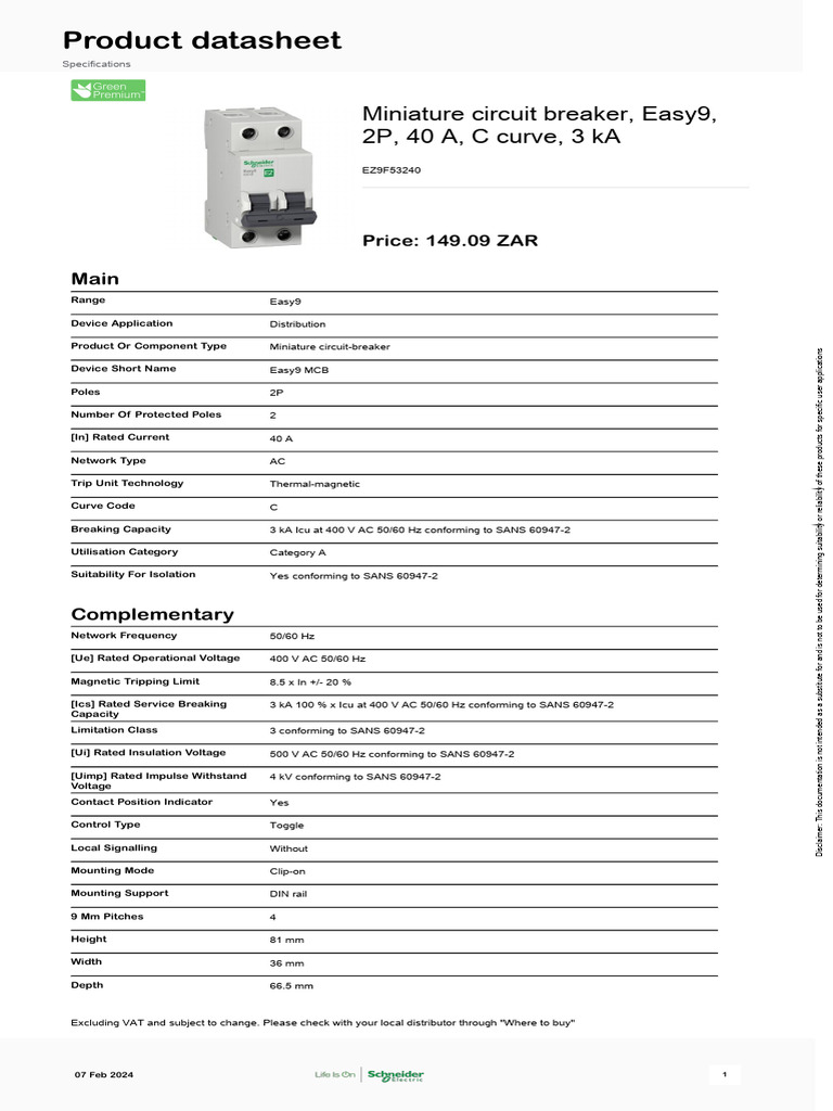 Easy9 40A MCB Specifications | PDF | Alternating Current | Sustainability