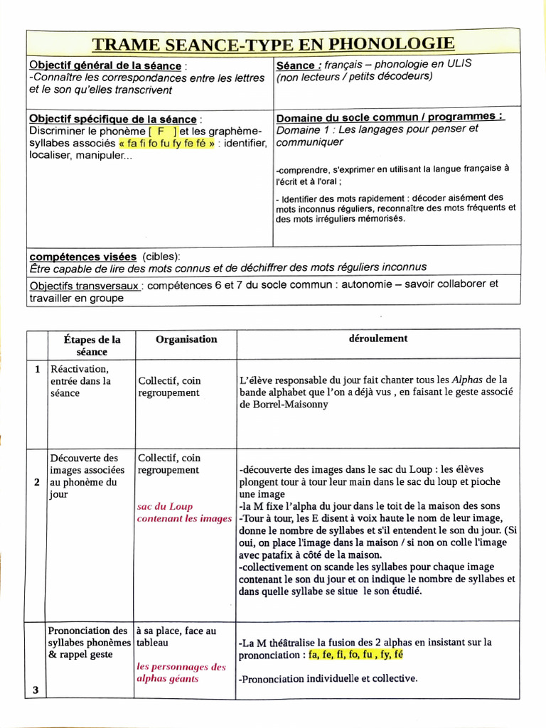 Fiche de préparation phonologie GS | PDF | Syllabe | Langues
