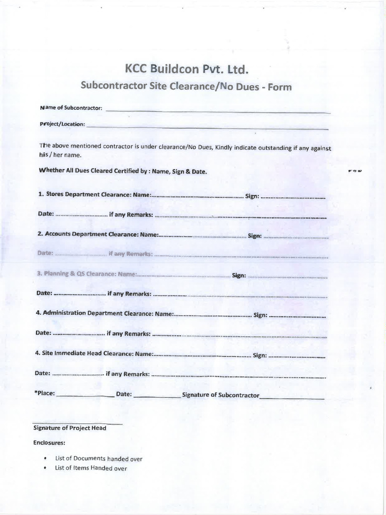 Sub Contractor No Dues From | PDF