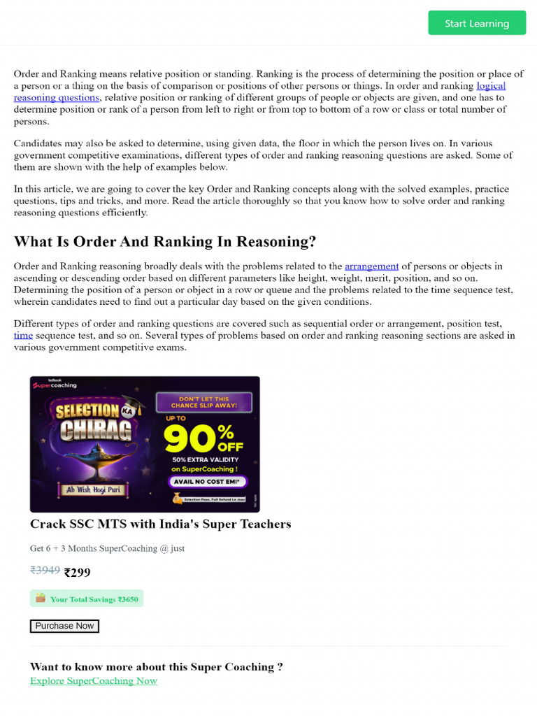 Order and Ranking Reasoning, Key Concepts, Solved Examples Here! | PDF