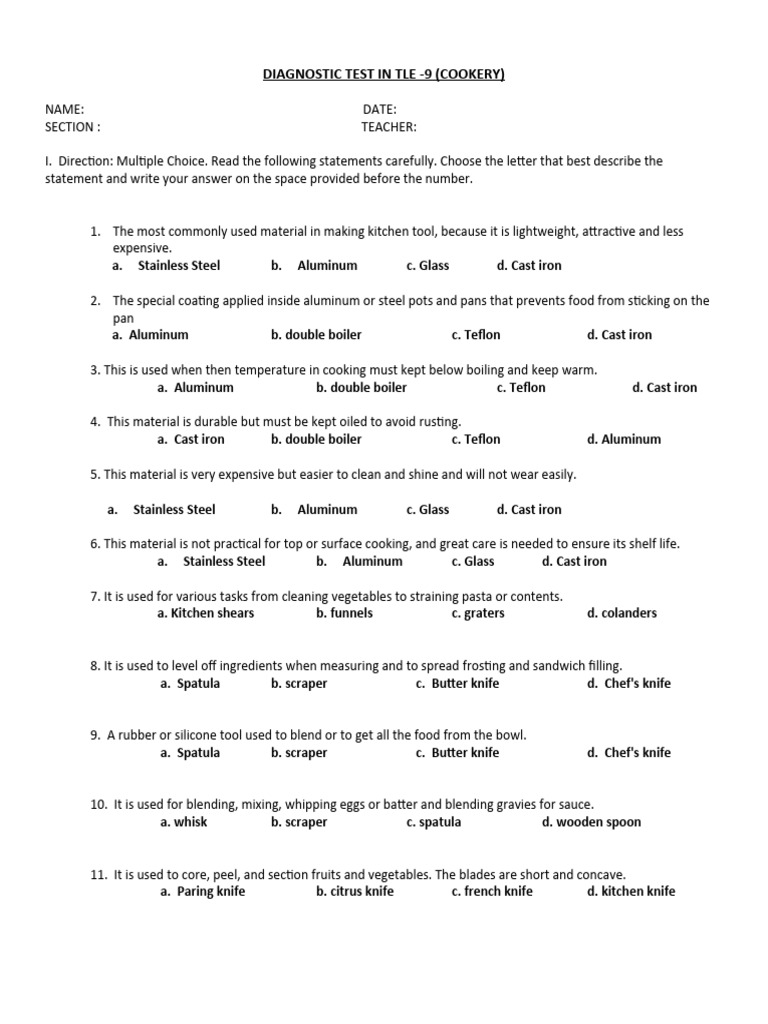 Cookery Diagnostic Test Questions | PDF | Salad | Breads