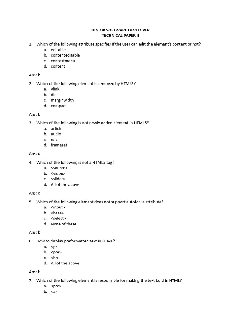 Junior Developer Exam Answers | PDF | Computing | World Wide Web