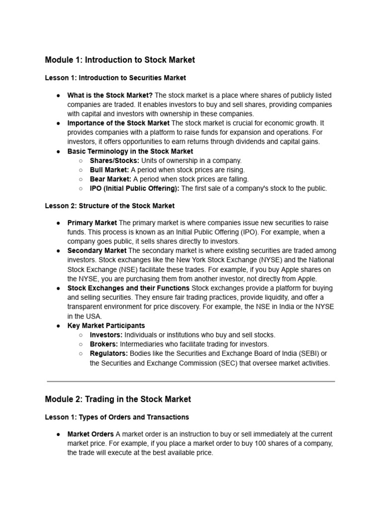 Stock Market Basics and Analysis Guide | PDF | Stocks | Order (Exchange)