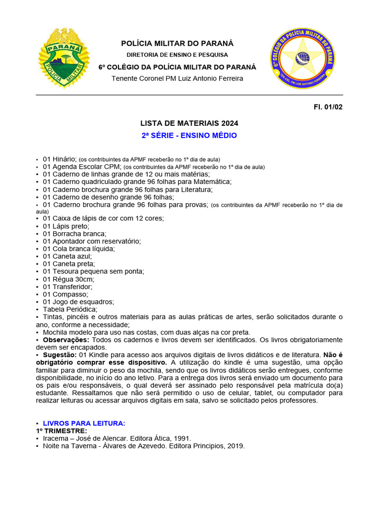 Materiais 2024 - 2º Ano Ensino Médio | PDF