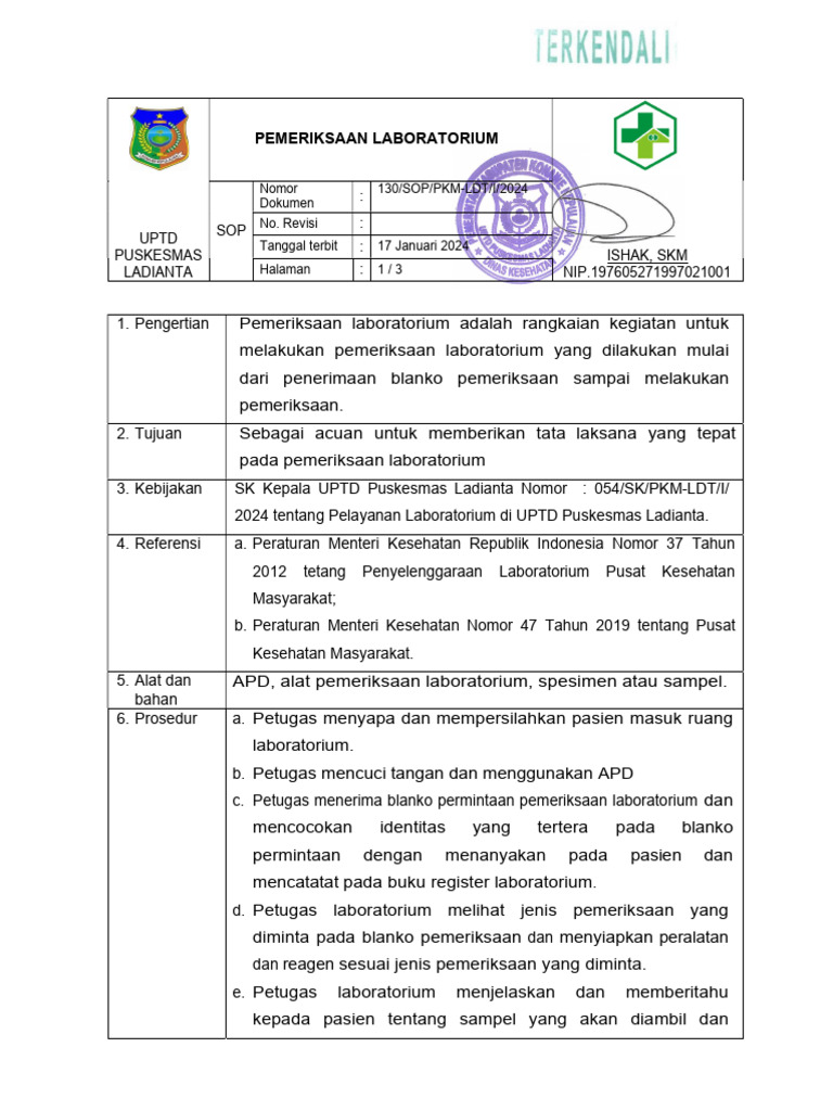 SOP Pemeriksaan Laboratorium Puskesmas | PDF
