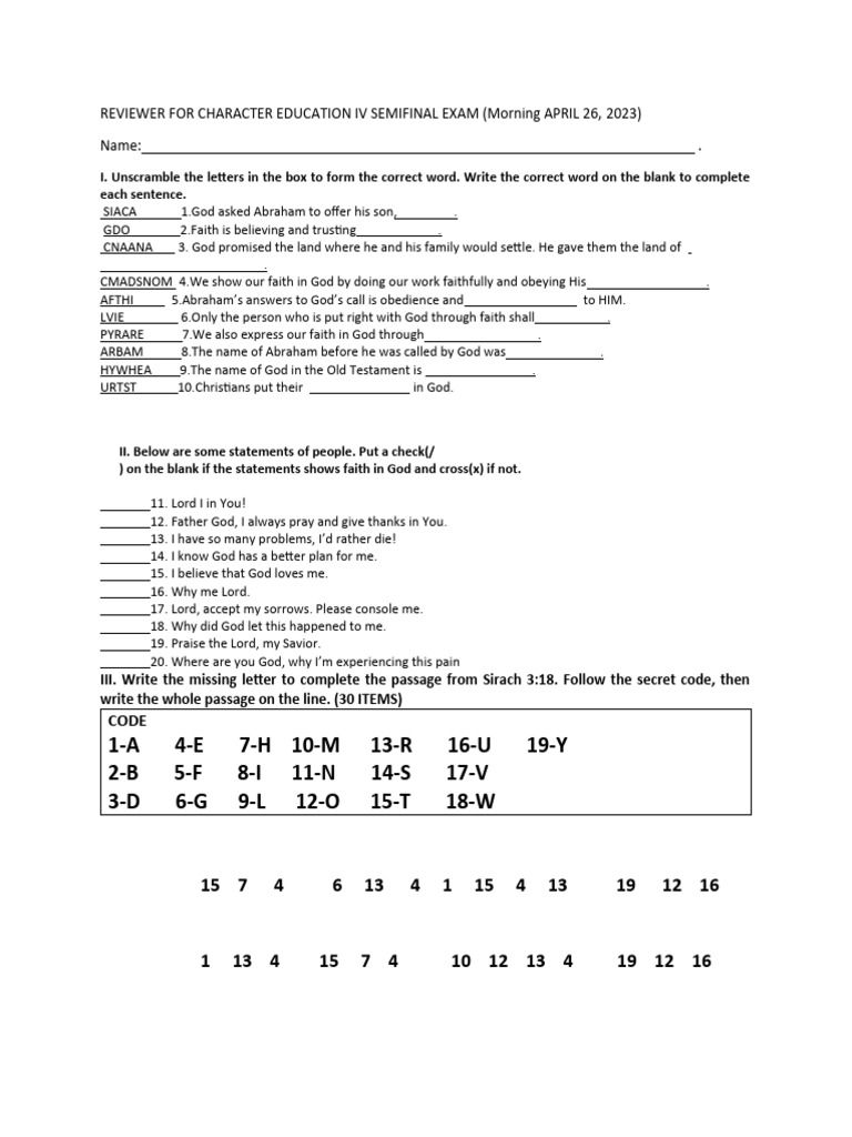 Reviewer for character education iv pdf faith god