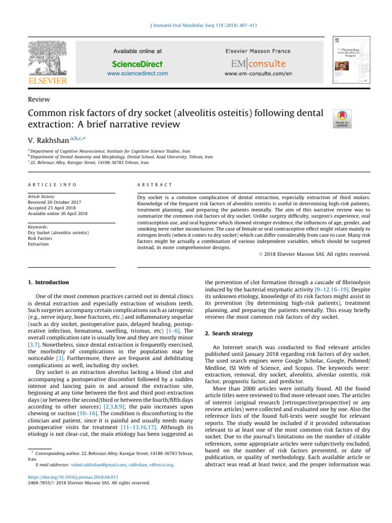 Common Risk Factors of Dry Socket (Alveolitis Osteitis) Following ...