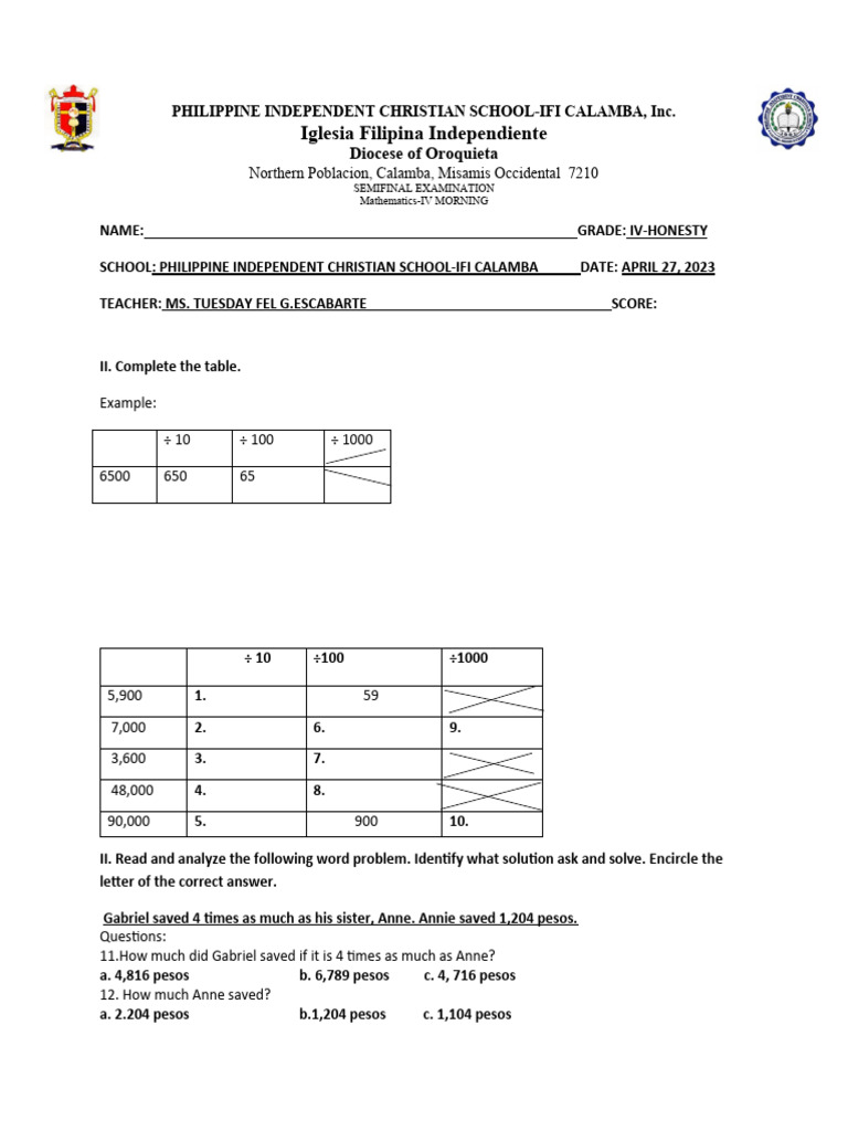 Semifinal Exam Math 4 | PDF | Mathematics