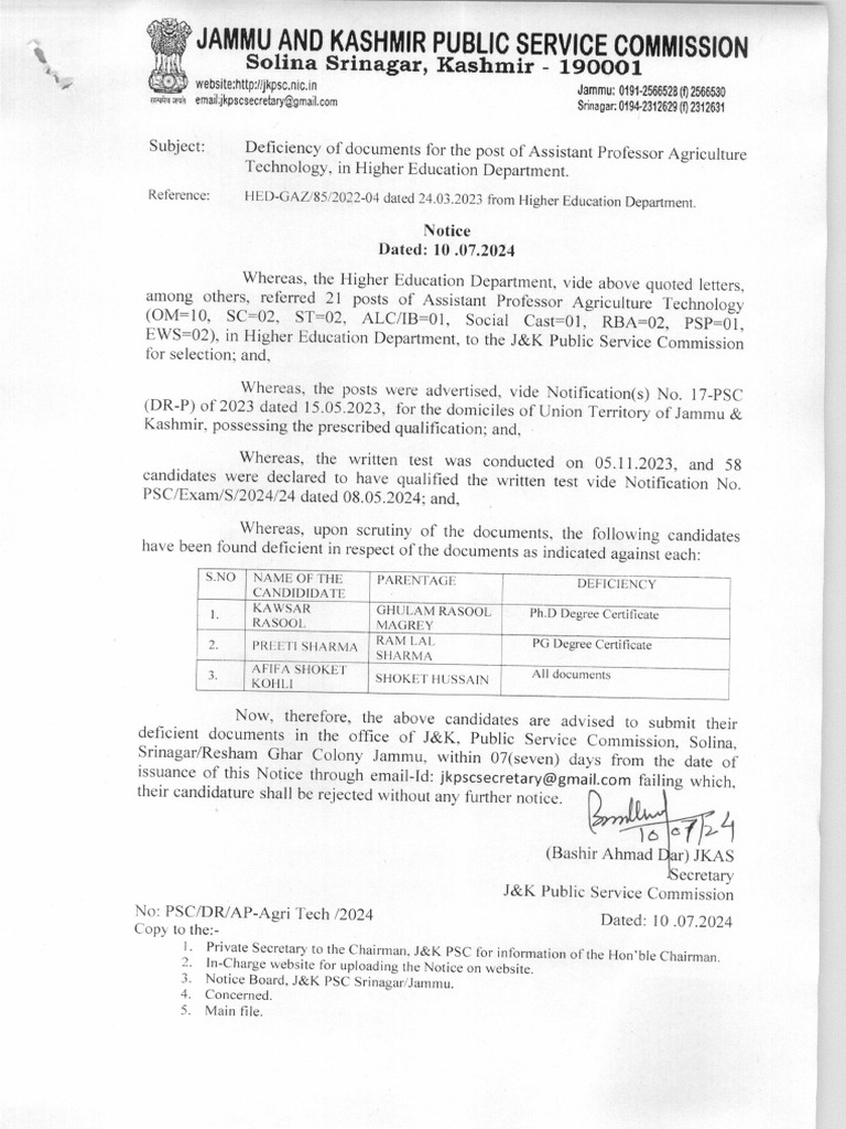 Deficiency Notice For The Post of Assistant Professor Agriculture ...