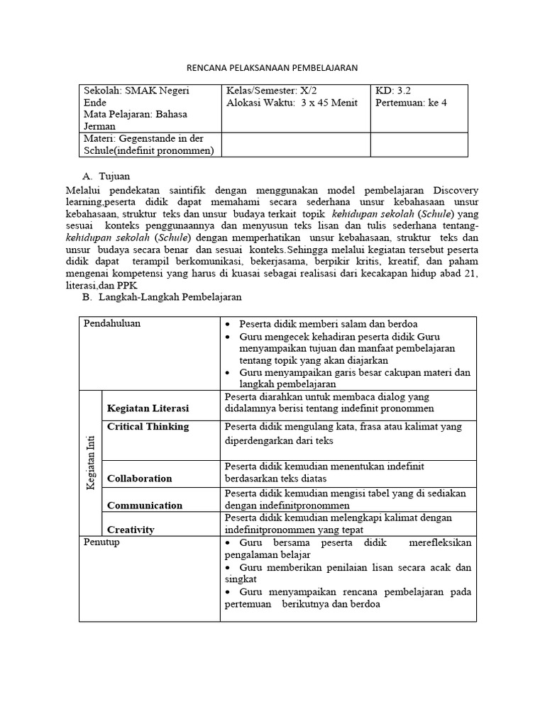 RPP Bahasa Jerman Kelas X: Sekolah | PDF | Karier & Perkembangan | Seni ...