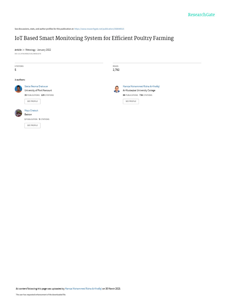 Iot Based Smart Monitoring System For Efficient Poultry Farming Pdf