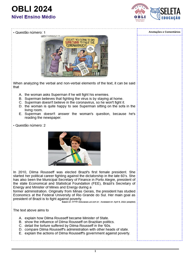 OBLI 2024: Ensino Médio Simulado | PDF | Dilma Rousseff | Gross ...
