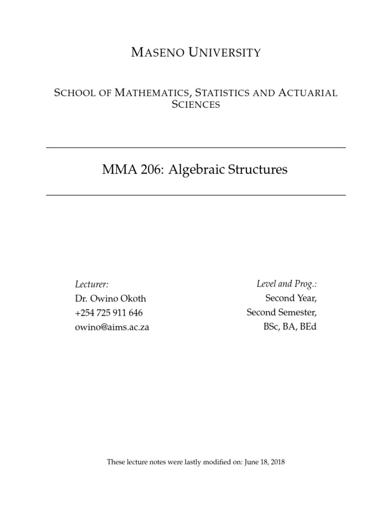 MMA 206 - Alg - Structures | PDF | Group (Mathematics) | Ring (Mathematics)