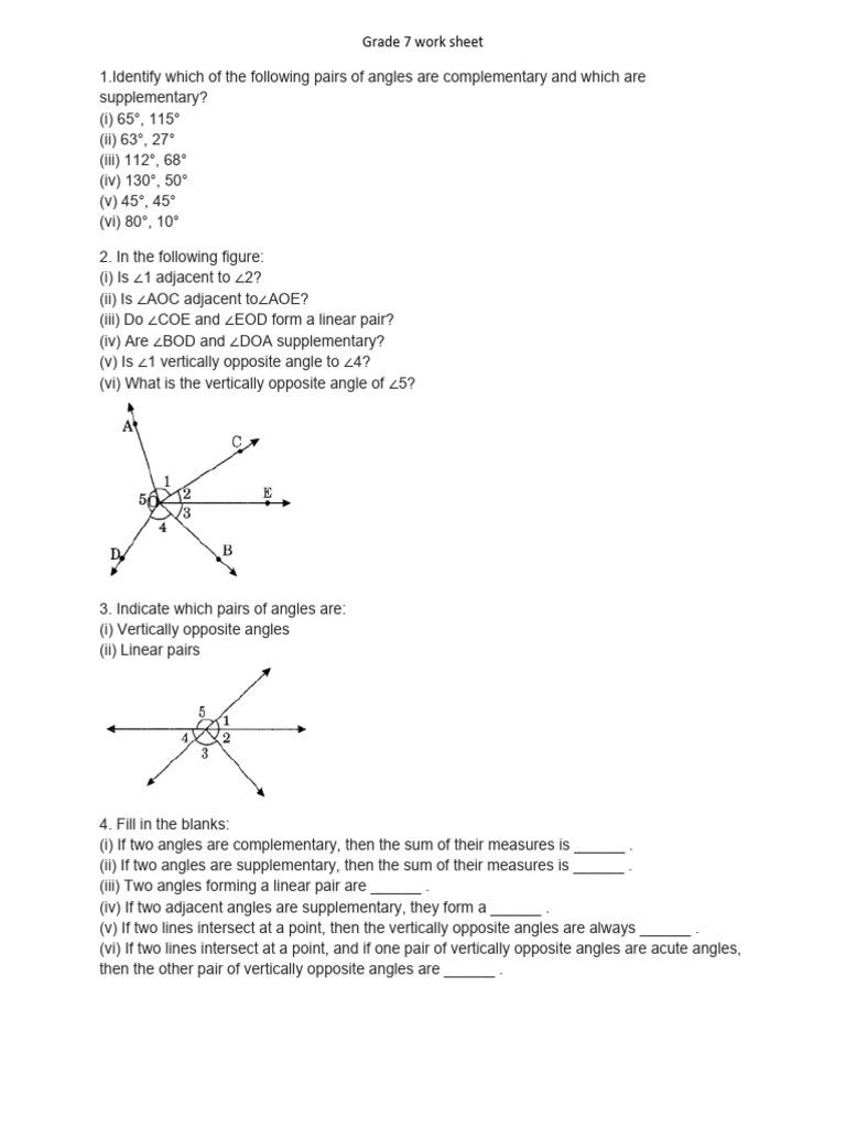 Grade 7 Work Sheet (Lines and Angles) | PDF | Teaching Methods & Materials