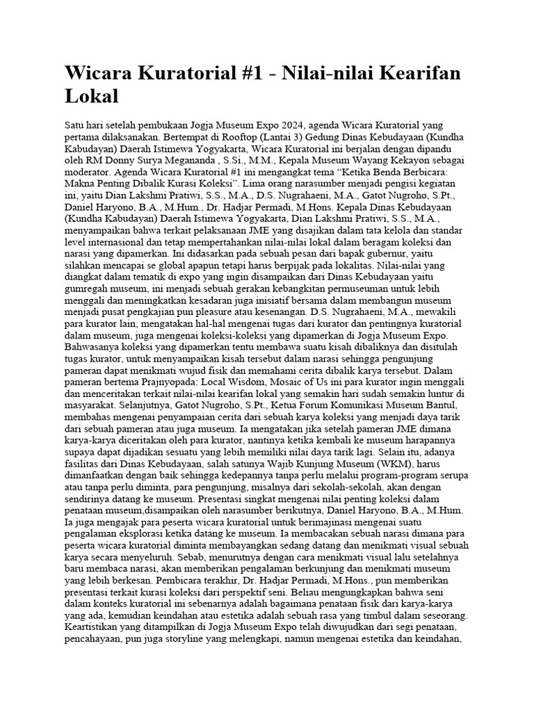 Wicara Kuratorial: Kearifan Lokal di JME | PDF | Seni | Sejarah