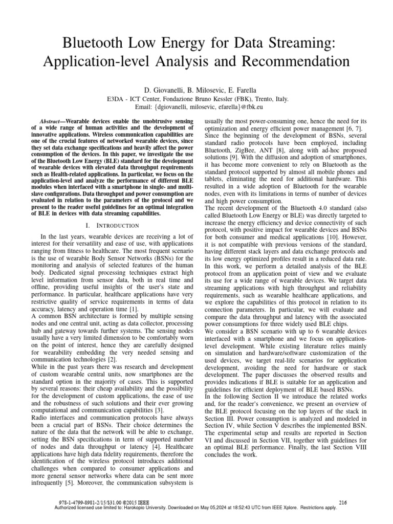 Bluetooth Low Energy For Data Streaming Application-Level Analysis and ...