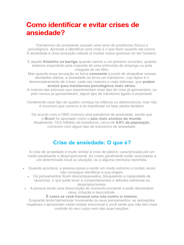 Como Identificar e Evitar Crises de Ansiedade | PDF | Ansiedade ...