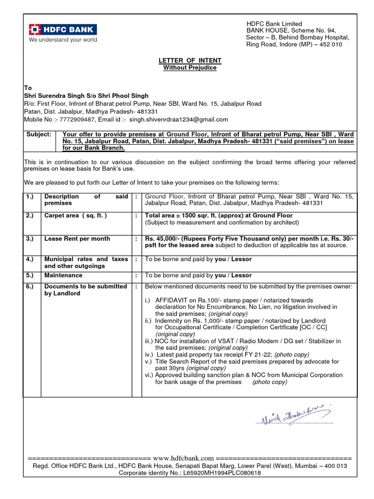 HDFC Bank Lease Agreement Intent | PDF | Lease | Renting