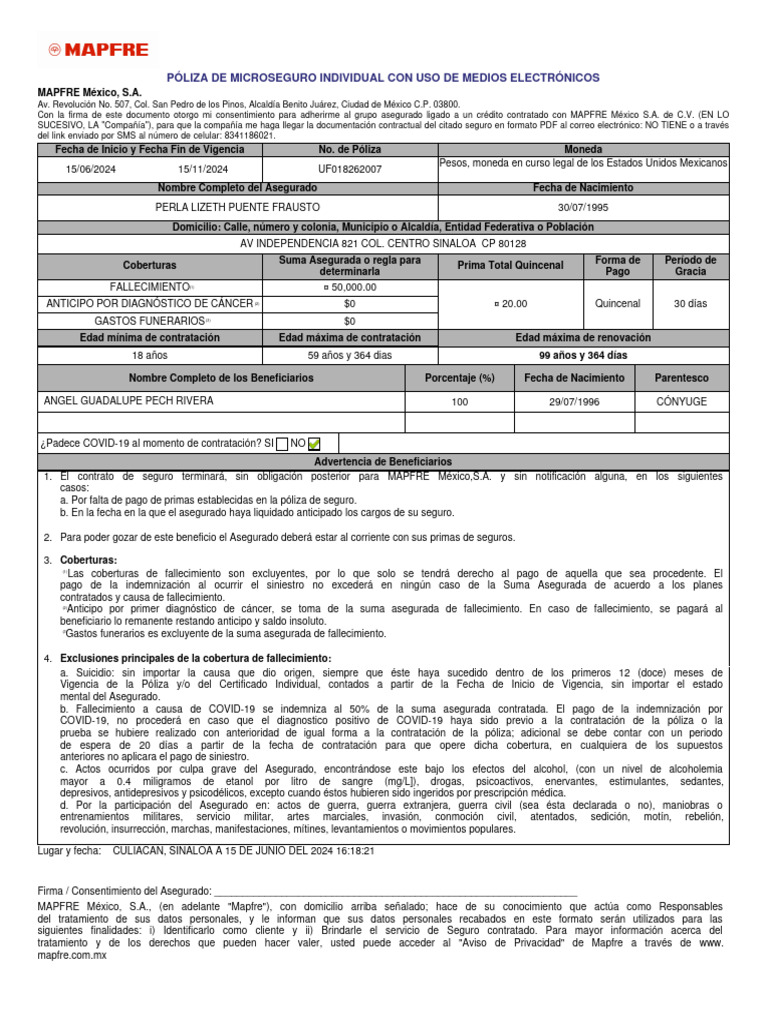 Contrato de Seguro de Vida MAPFRE | PDF | Póliza de seguros | Seguro