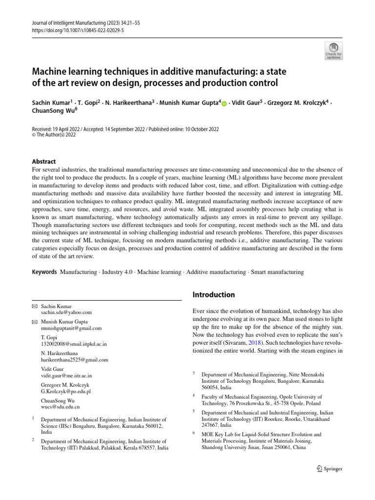 Machine Learning Techniques in Additive Manufacturing A State | PDF ...