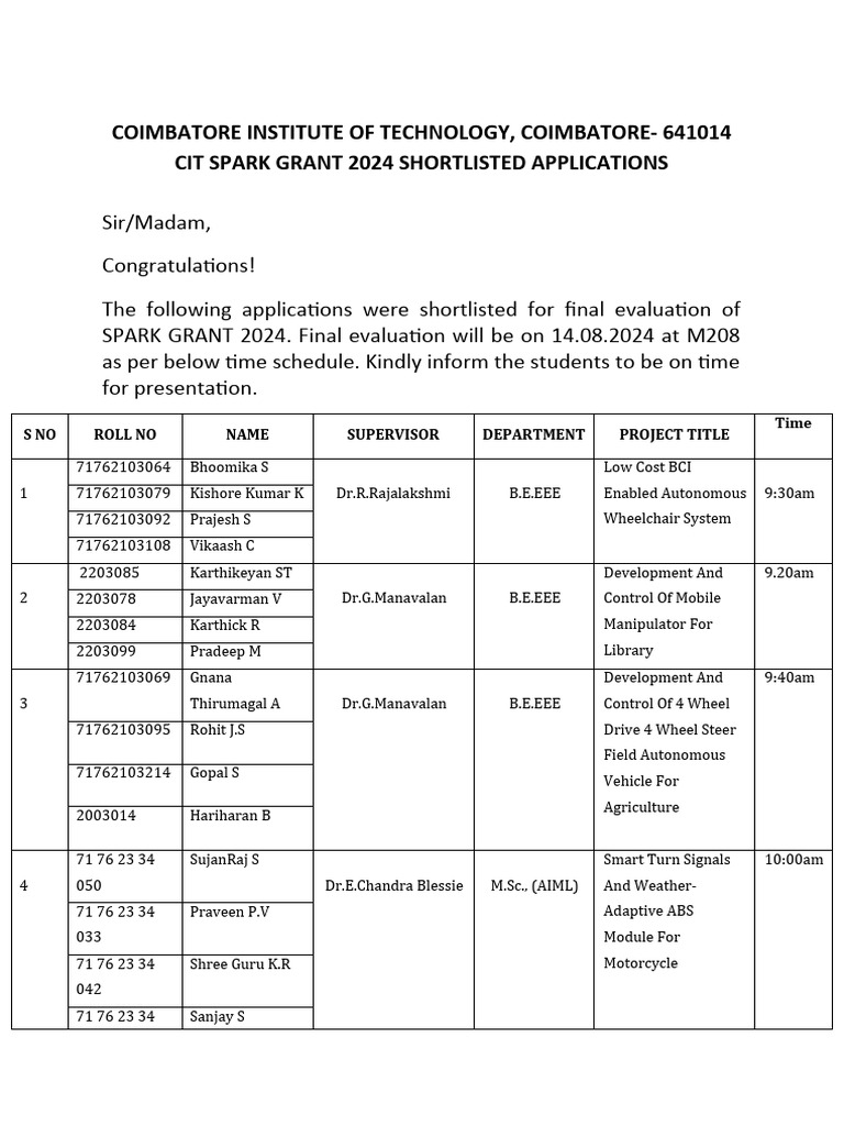 CIT Spark Grant 2024 Shortlisted Projects | PDF | Engineering