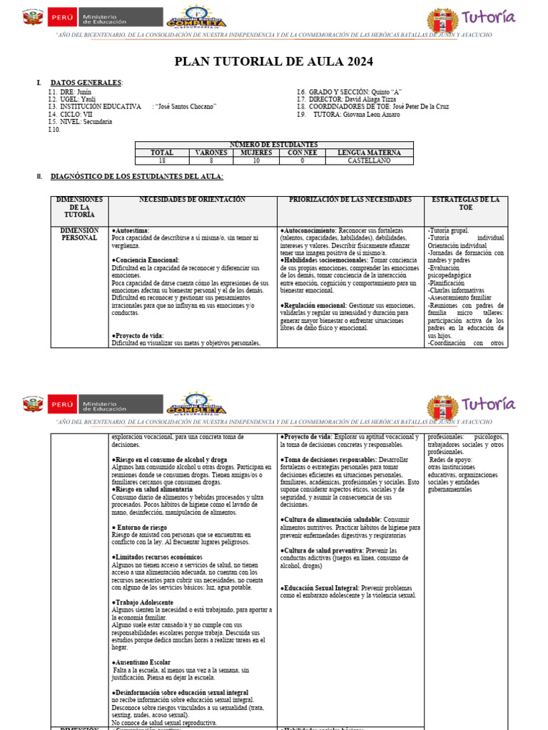 Plan Tutorial Aula 2024: Estrategias de Apoyo | PDF | Las emociones ...
