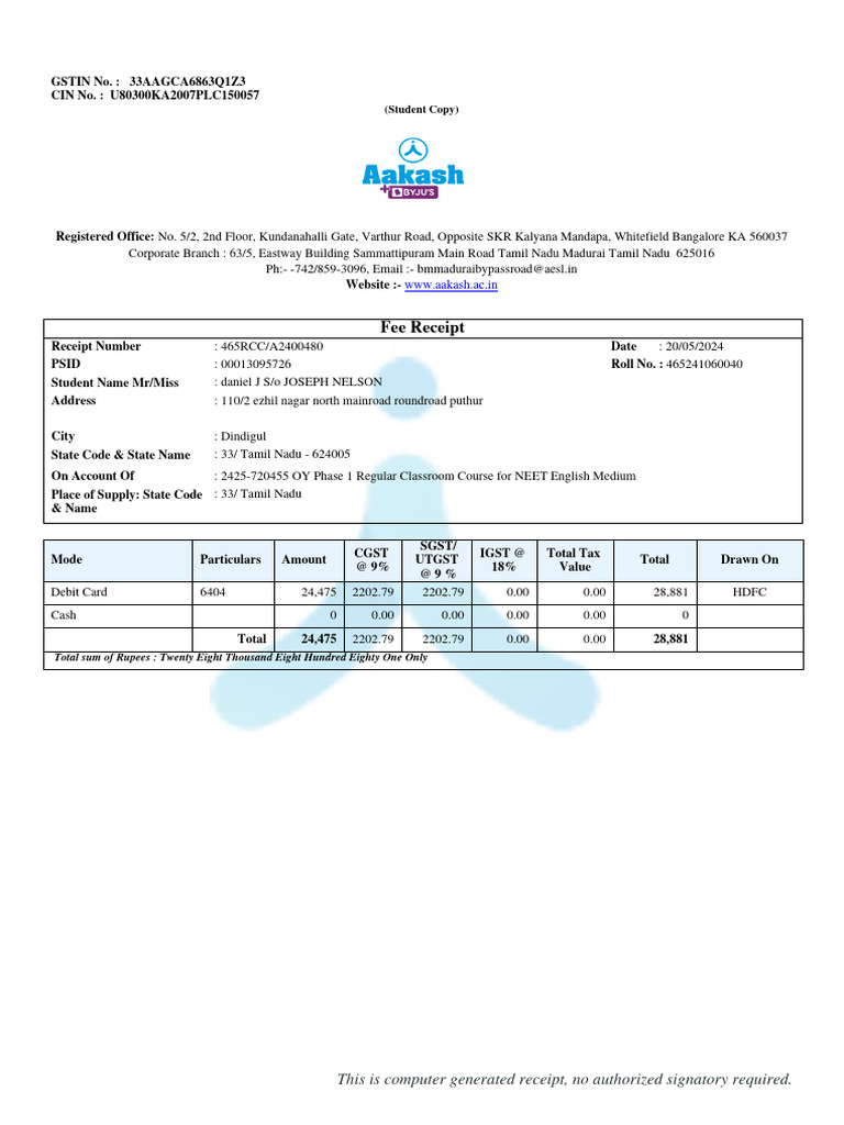 NEET Course Fee Receipt for Daniel J. | PDF